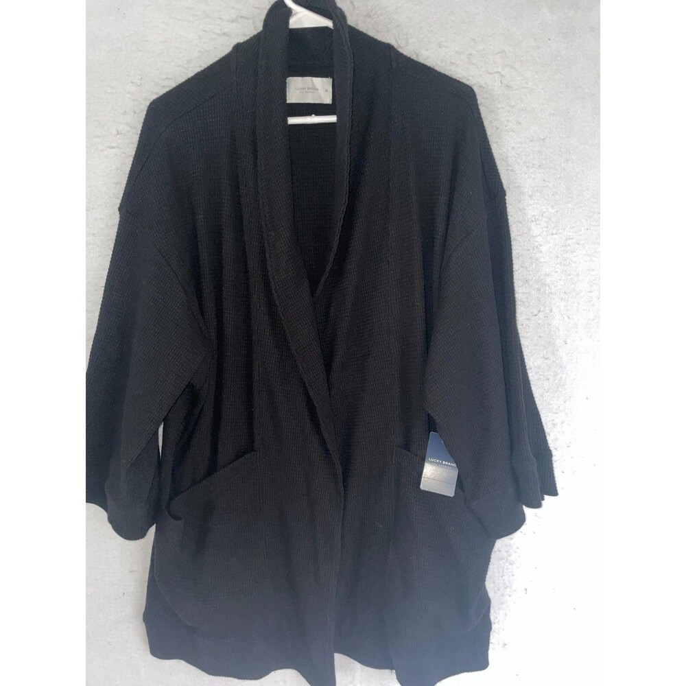 Lucky Brand Cardigan Open Front One SIze Women's Black Cotton Pocket Knit